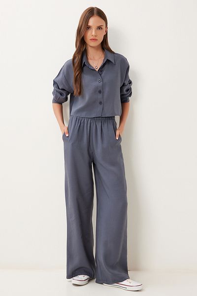 Happiness İstanbul Women's Anthracite Modal Shirt Trousers Suit Bv00158