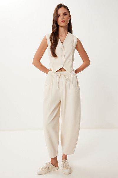 Happiness İstanbul Women's Cream Linen Vest Baggy Trousers Suit Bv00143
