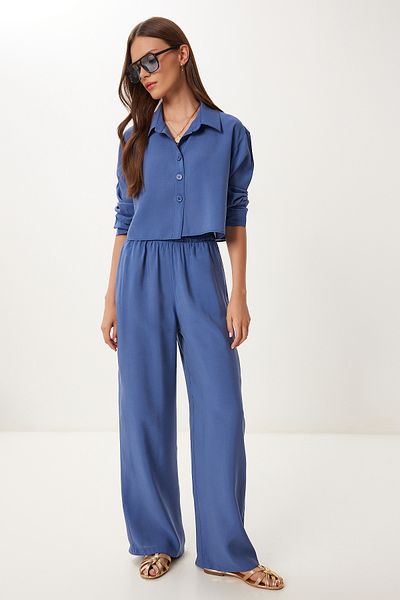 Happiness İstanbul Women's Indigo Blue Modal Shirt Pants Suit Bv00158