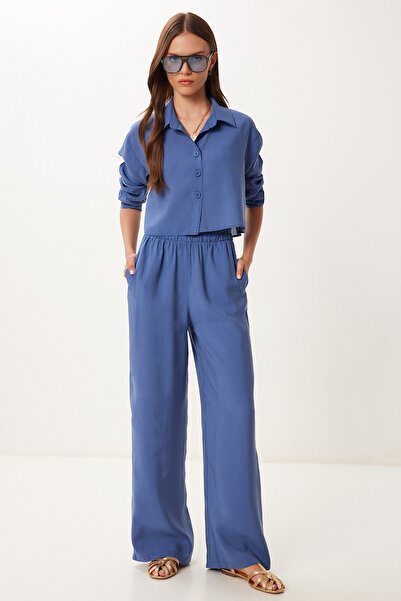 Happiness İstanbul Women's Indigo Blue Modal Shirt Pants Suit Bv00158