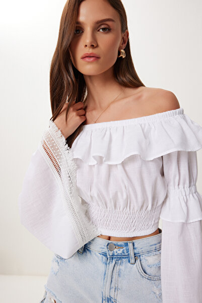 Happiness İstanbul Γυναικεία Λευκή Μπλούζα Carmen γιακάς με βολάν Crop λινό BV00146