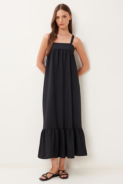 Happiness İstanbul Women's Black Strap Flounced Summer Tensel Dress Bv00154