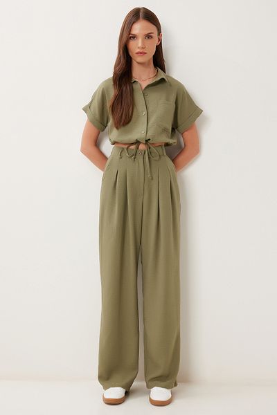 Happiness İstanbul Women's Khaki Linen Crop Shirt Pants Set Bv00149