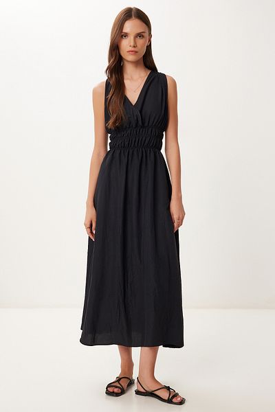Happiness İstanbul Women's Black Wrap Collar Midi Woven Dress Bv00159