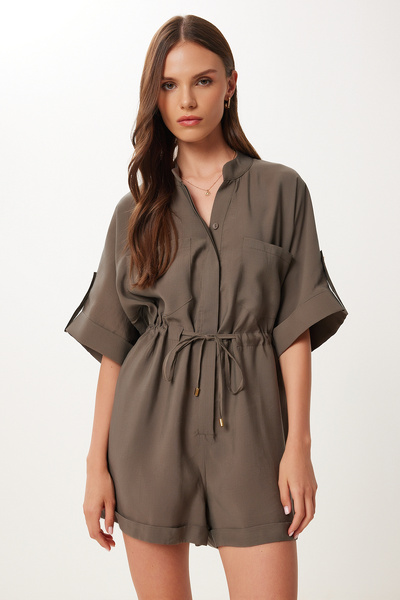 Happiness İstanbul Dámský khaki krátký modální overal s kapsami BV00153