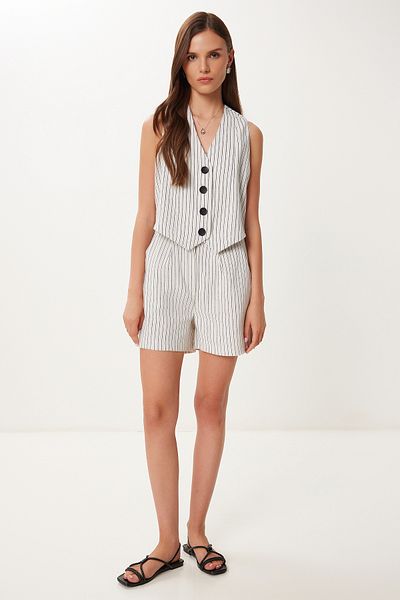 Happiness İstanbul Women's Stone Black Striped Linen Vest Shorts Suit Bv00133
