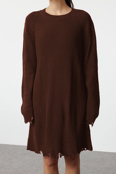 Trendyol Collection Καφέ κοντό/μίνι φαρδύ φόρεμα πλεκτό με λεπτομέρεια TWOAW24EL00113