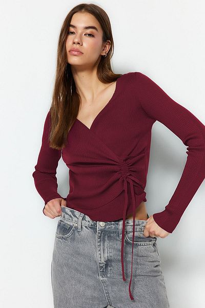 Trendyol Collection Burgundy Double Breasted Gather Detailed Knitwear Sweater Twoaw23Kz00828