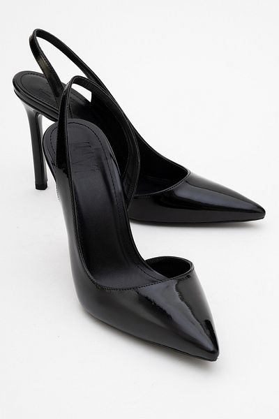 LuviShoes Provázkové černé lakované dámské boty na podpatku
