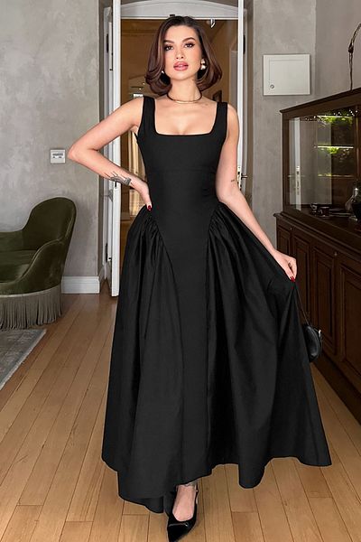 Trendyol Collection Rochie șic țesătă din popelin cu tăietură în A neagră TPRSS25EL00158