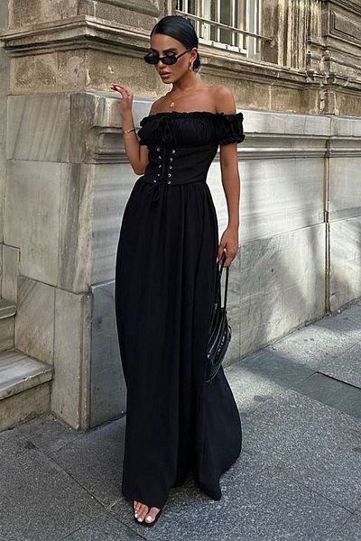 Trendyol Collection Μαύρο γιακά Carmen Νυχτερινό φόρεμα αποφοίτησης πειρατικό TPRSS25AE00133