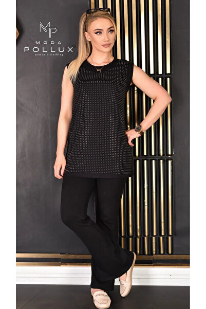 Pollux Moda Pollux Ön Kısım Taş Detaylı Bisiklet Yaka Sıfır Kol İçlik /Bluz