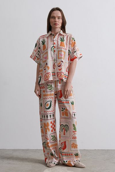 Trendyol Collection Beige-Multicolor Floral Tie-Up Blouse Elastic Pants Woven Bottom - Top Set Twoss25Au00125