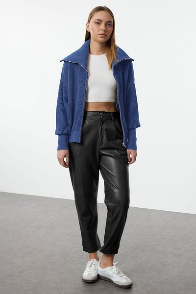 Trendyol Collection Cardigan tricotaj cu fermoar cu guler răsturnat Indigo Wide Fit TWOAW24HI00072