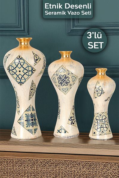 Meleni Home Σετ 3 βάζα Elegance - Διακοσμητικό βάζο με κεραμικό μπλε έθνικ σχέδιο