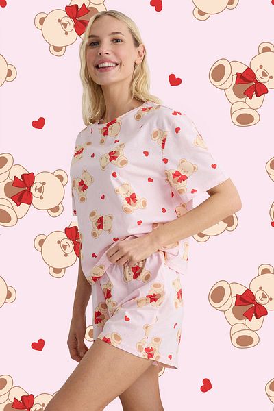 Trendyol Collection Pink-Multicolor 100% Cotton Teddy Bear Heart Knitted Pajamas Set Thmss25Pt00211