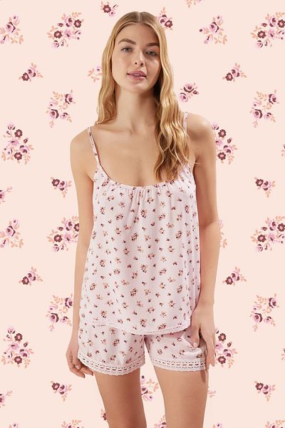 Trendyol Collection Σετ πιτζάμες με λουλουδάτο στάμπα με κεντημένο σχοινί 100% βαμβάκι - THMSS25PT00201