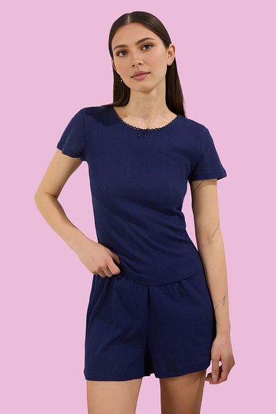 Trendyol Collection Set de pijamale tricotate, 100% bumbac, albastru marin, cu dantelă, cu dantelă, cu pantaloni scurți ajurat/perforați THMSS25PT00329
