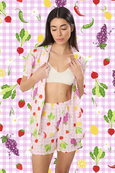 Trendyol Collection Pink-Multicolored Checked and Vegetable Patterned Woven Pajamas Set with Frilly Viscose Shorts Thmss25Pt00386