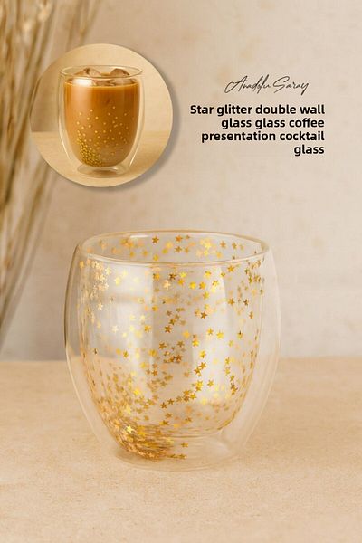 Anadolu Saray Heat Resistant Borosilicate Star Glitter Double Walled Glass Cup Coffee Presentation Cup
