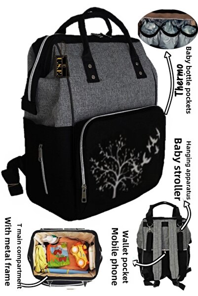 USF حقيبة ظهر للعناية بالطفل فاخرة للأم والطفل باللون الرمادي والأسود