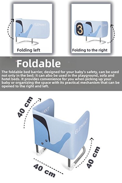 Meleni Baby 120X42 cm Folding Baby Bed Barrier - Elephant Figured Protection Safety Barrier Base Railing