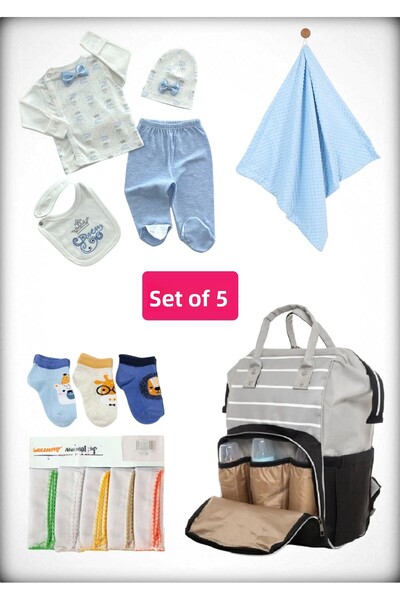 Avşar Baby 5-Piece Birth Set (Mother Baby Bag, Hospital Release Blanket, 10-Piece Wipes and 3-Piece Socks)