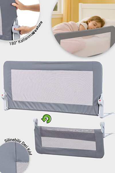 Wellgro Premium 150X65 cm Bed Barrier with Leather Cover, Folding Bed Rail, Gray