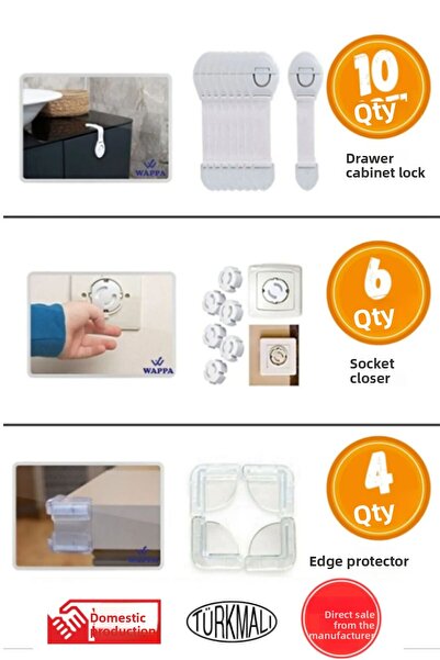 WAPPA Σετ παιδικής ασφάλειας για μωρά, Κλειδαριά ντουλαπιού 10 συρταριών, 4 γωνιακό προστατευτικό, 6 προστατευτικά υποδοχής