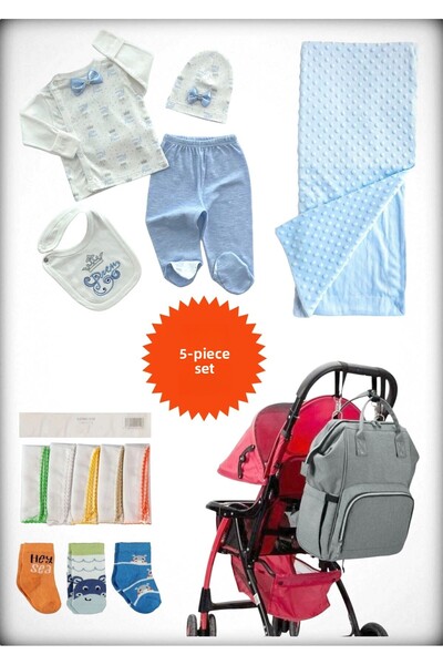 Avşar Baby 5-Piece Birth Set (Mother Baby Bag, Hospital Release Blanket, 10-Piece Wipes and 3-Piece Socks)