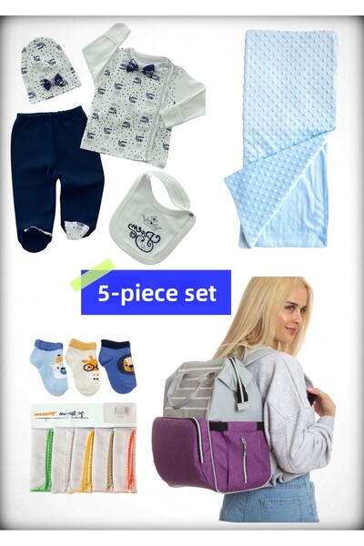 Avşar Baby 5-Piece Birth Set (Mother Baby Bag, Hospital Release Blanket, 10-Piece Wipes and 3-Piece Socks)