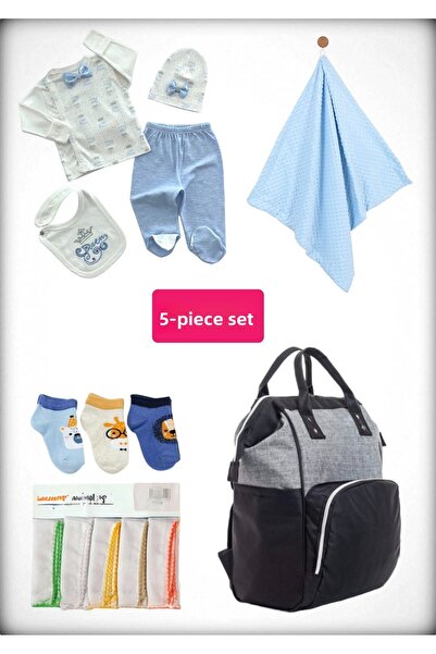 Avşar Baby 5-Piece Birth Set (Mother Baby Bag, Hospital Release Blanket, 10-Piece Wipes and 3-Piece Socks)