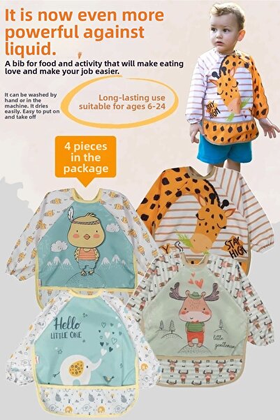 dubi baby Bebechi Liquid-Proof 4-Pack Long Sleeve Baby Food Bib with Animal F...
