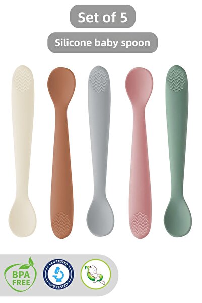 Meleni Baby مجموعة من 5 ملاعق طعام من السيليكون - ملعقة تغذية الطفل من السيليكون