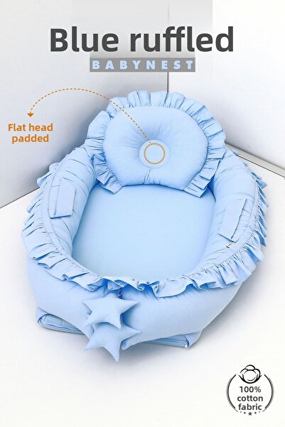 Umaybebek Babynest, Baby Sleeping Bed 0-2 Years - 100% Cotton - Blue Frilly