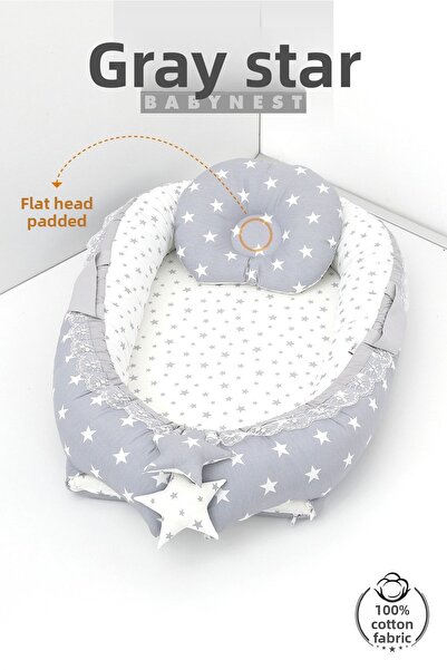 Umaybebek Babynest, Baby Sleeping Bed 0-2 Years - Cotton Fabric - Light Gray Star