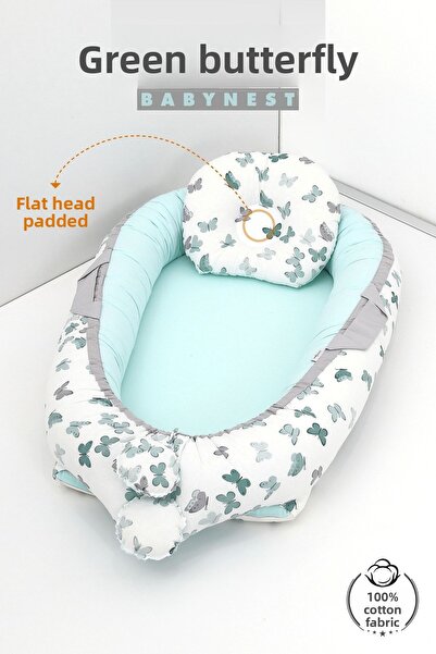 Umaybebek Babynest, Baby Sleeping Bed 0-2 Years - Cotton Fabric - Green Butterfly