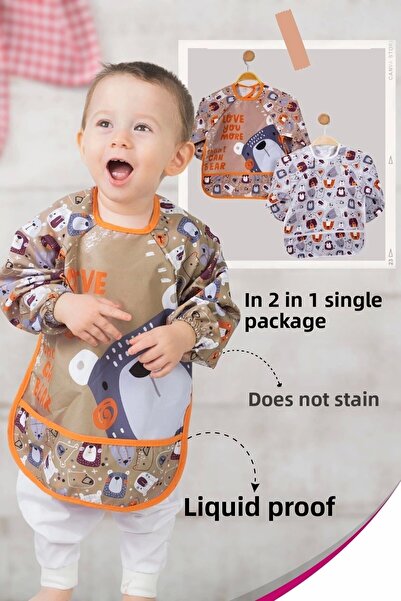 Babydonat مريلة أطفال بأكمام مكونة من قطعتين منقوشة على شكل دب