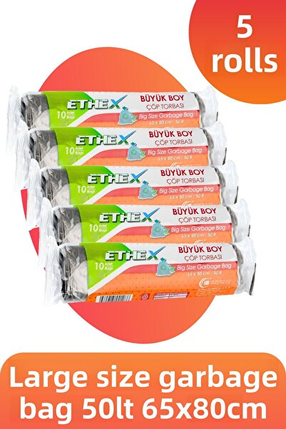 Ethex كيس قمامة قياسي كبير الحجم (10 قطع 65 × 80 سم 50 لتر أسود 5 لفات)