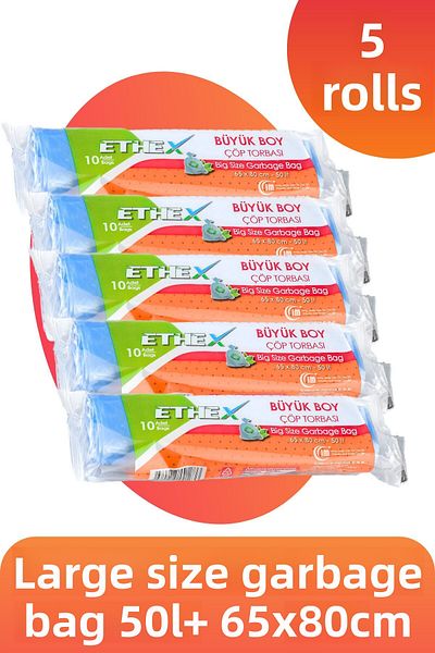 Ethex Standard Large Size Garbage Bag (10 Pieces 65 X 80cm 50Lt Blue 5 Rolls)