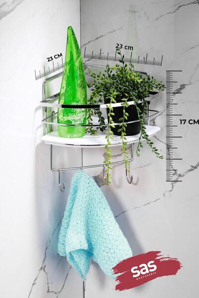 Sas Haus Bathroom Shower Corner Shelf with Single Adhesive Hook, Adjustable Crystal Shelf (Stick-On/Screw-On) Chrome-White