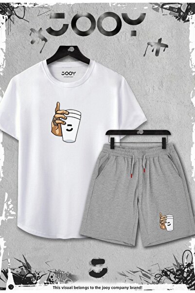 Jooy Company تيشيرت أبيض بقصة ضيقة بتصميم زجاجي مكون من قطعتين - طقم مع شورت ...