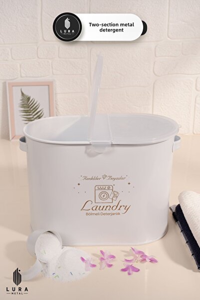 Lura Metal علبة منظف مسحوق الأقراص البلاستيكية البيضاء المكونة من قسمين مع من...