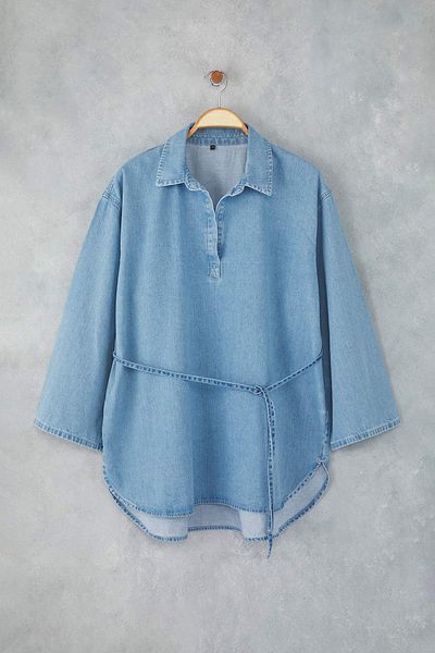 Trendyol Curve Blue Oversize Denim Plus Size Shirt Tbbaw26Ax00003