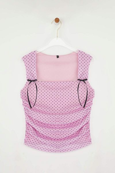 Trendyol Collection Pink Polka Dot Lined Printed Tulle Bodycon Crop Bow Detail Knitted Blouse Twoss25Bz00033