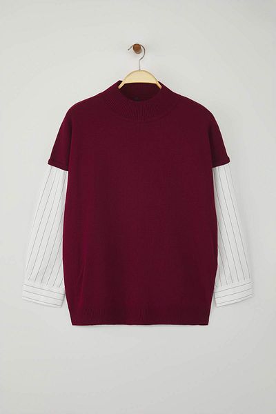 Trendyol Curve Burgundy Sleeves Woven Mixed Knitwear Sweater Tbbaw24An00017