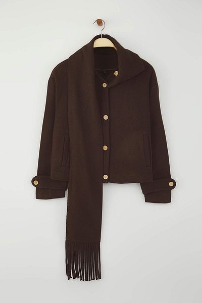 Trendyol Collection Brown Oversize Mold Detachable Shawl Detailed Cashmere Slim Jacket Coat Twoaw26Mo00117