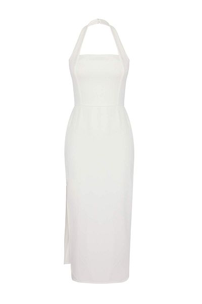 Trendyol Collection White Lined Body Fitting Midi Woven Dress with Slit Detail Tprss24El00136
