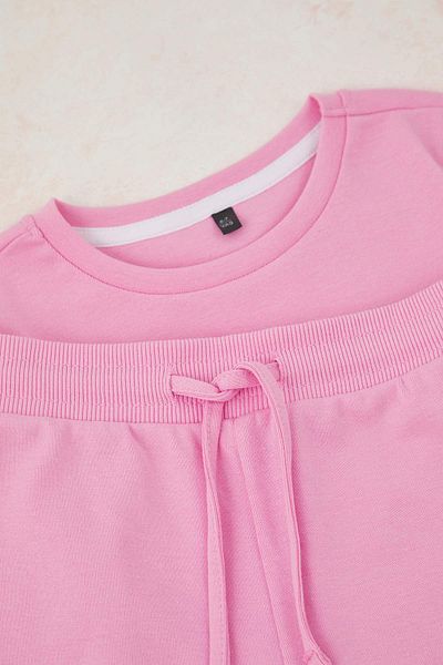 TRENDYOLKIDS Pink Girl's 100% Cotton Basic Short Sleeve Knitted Bottom-Top Set with Stretch Shorts Tkdss25Au00164