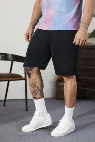 Relax family xf Erkek Siyah Gri İkili Set Penye Şort & Bermuda Klasik Yazlık Pamuklu Slim Fit Şık Kombin